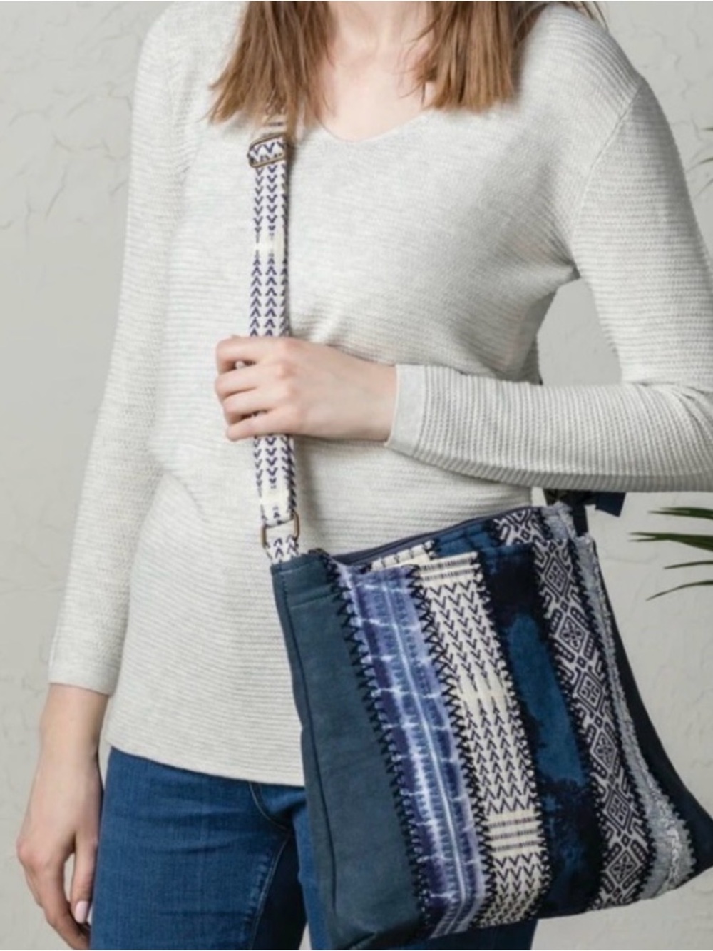 Demdaco Indigo Denim Patchwork Crossbody Bag Boho Woven Fabric Blue